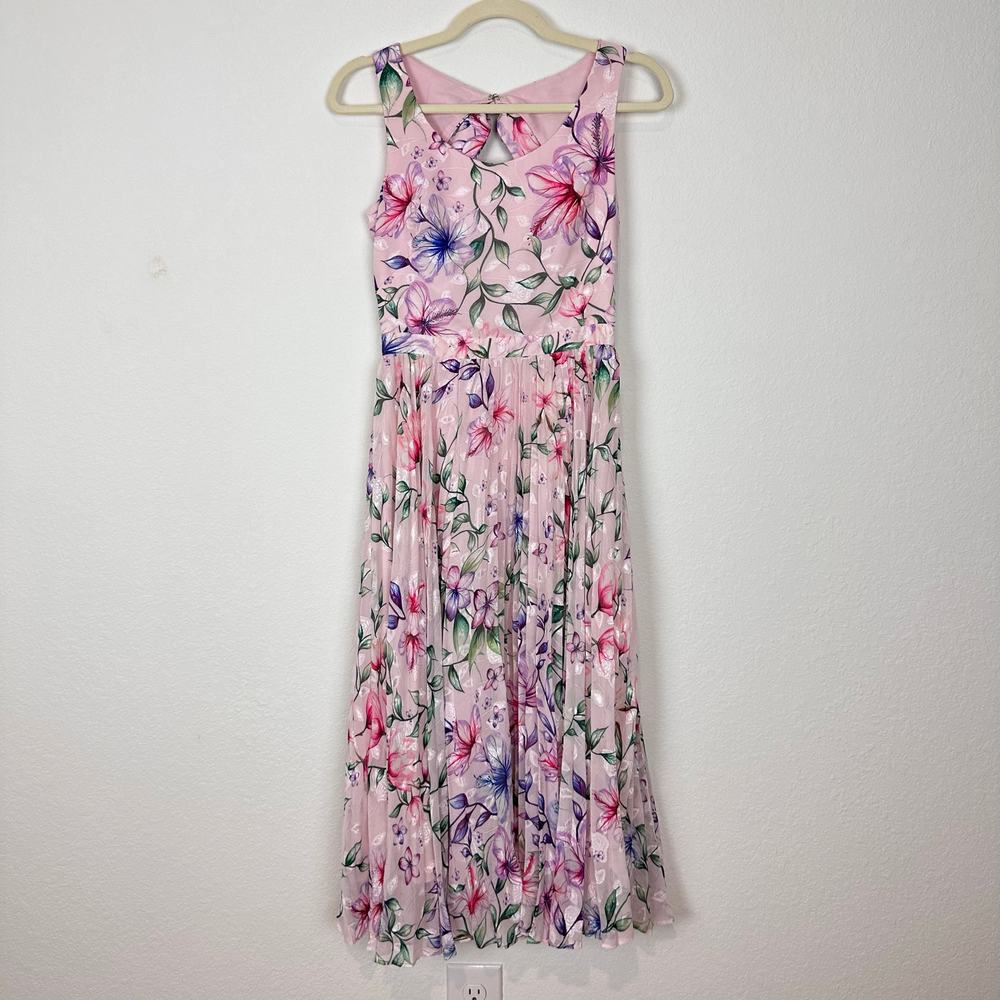 Marchesa Notte Floral Pleated Midi Dress in Blush Pink Size 0 - Picture 5 of 10